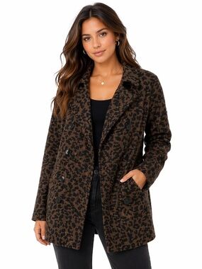 Zara Brown and Black Leopard-Print Double-Breasted Pea Coat